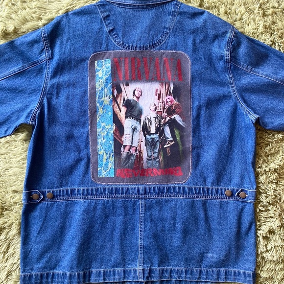 Vintage Uycycled Crossroads Denim Jacket W/ Custom Nirvana Embroidered Patch - Picture 2 of 16